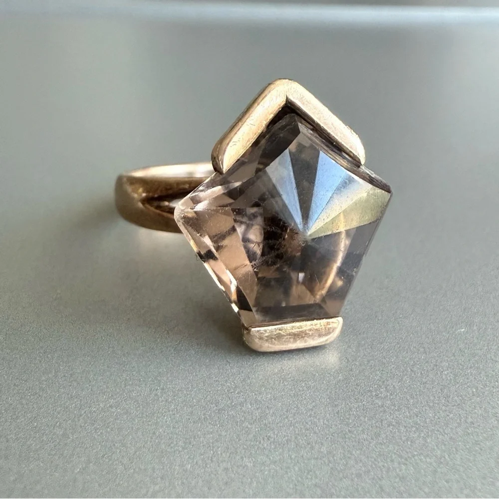 Estate Solid 14k Rose Gold Smoky Topaz Geometric Modernist Vintage Cockt…
